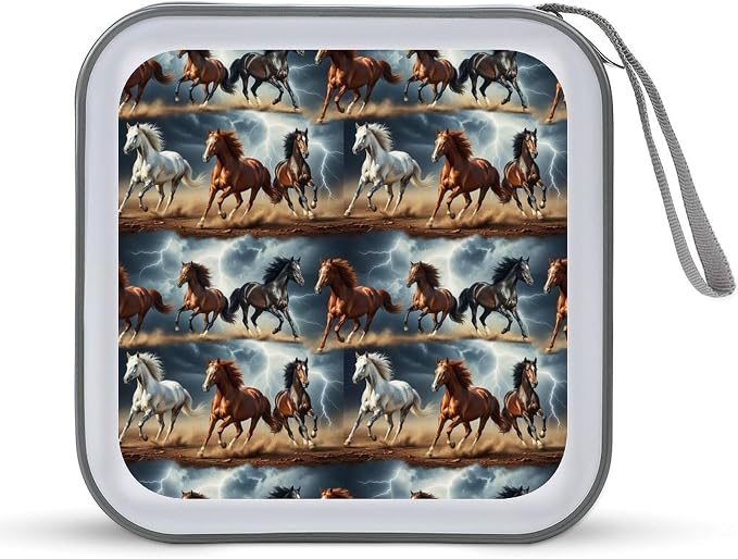 Hard Plastic Protective CD Case Running Horse, 40-Disc Capacity Storage Binder with Zipper, Portable Organizer for Home Office