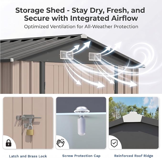 Devoko 8x12 FT Outdoor Storage Shed, Metal Tool Shed with Lockable Door&Slooping Roof, Outside Large Utility Storage for Garden Backyard Patio(Brown)