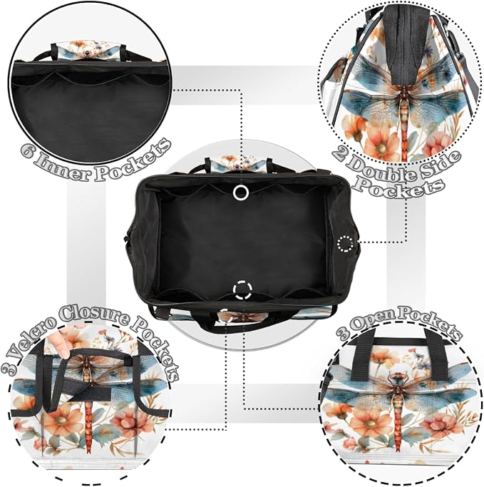 Flower Dragonfly Heavy Duty Tool Bag 14.8 Inch Floral Dragonflies Portable Soft Tool Box Organizer Storage with Adjustable Shoulder Strap