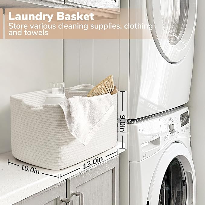 Goodpick Woven Storage Basket for Shelves, 13" x 10" x 9", White | Stylish Gift Basket for Home Decor, Cotton Rope Baskets for Books, Toys & Towels Storage, Shelf & Closet Organization