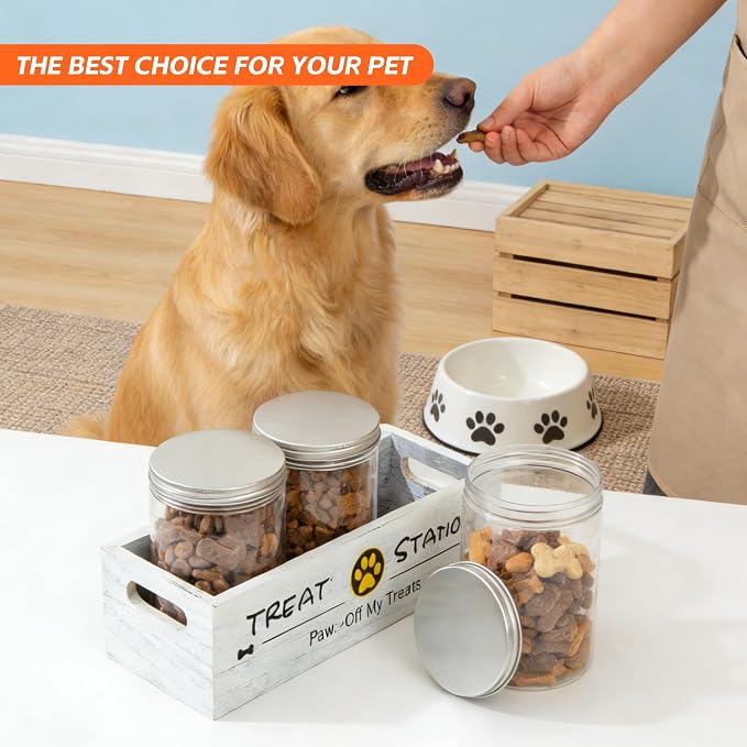 Dog Treat Container with 3 Airtight Jars and Wooden Tray, Labels and Marker | Reusable Write-On Stickers, Built-In Handles, Clear Pet Food Storage Canisters for Countertop, Farmhouse Decor for Pet Owners