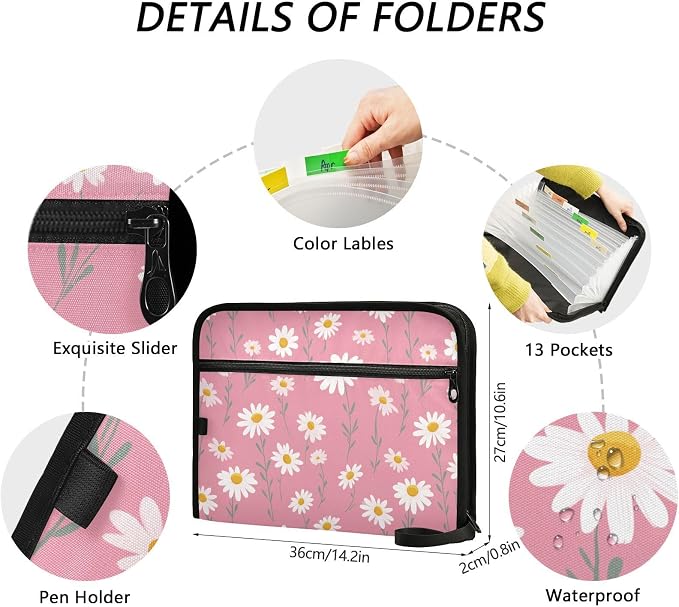13 Pocket Zipper Expanding File Folder A4 Daisy Flower Pink Print | Accordion File Organizer with Front Pouch A4 Letter Size Portable Folders for Documents Receipt School Office Supplies