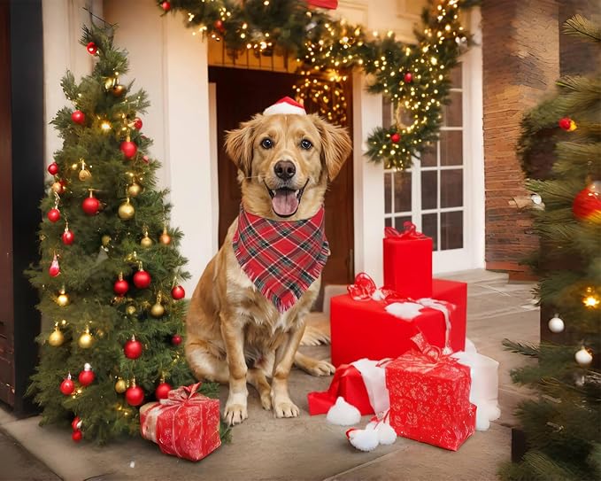 2PCS Christmas Dog Bandanas Plaid Two-Sided with Tassels,Holiday Scarf,Stylish Triangle Dog Outfit for Boy and Girl,Winter Christmas Classic Red-Green Plaid Pet Scarf for Medium to Large Dogs