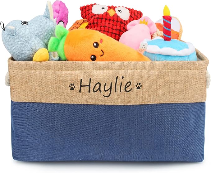 Personalized Dog Toy Box, Dog Toy Basket Storage with Cotton Handle, Customized Name and Paw Heart Print Puppy Toy Bin for Organizing Food Clothes and Pets Accessories(Paw Dark Blue)