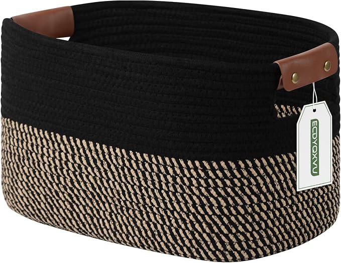 ECDYQXVU 15x10x9 Woven Cotton Rope Storage Basket, Leather Handles 1 Pack | Foldable Design, Sturdy PU Handles, Easy to Clean Organizer for Living Room, Closet, Shelves, Bedroom, Laundry, Clothes