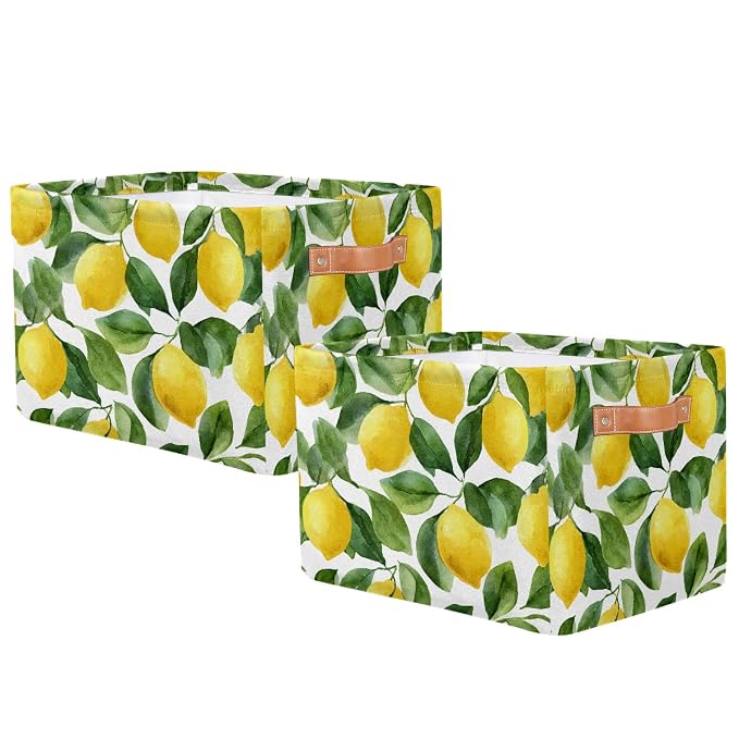 SEULIFE Watercolor Lemon Tree Leaves Foldable Storage Basket, Large Collapsible Organizer Storage Bin Cube Toys Storage Boxes with Handles for Bathroom Kids Nursery Closet Storage, 2 Pack