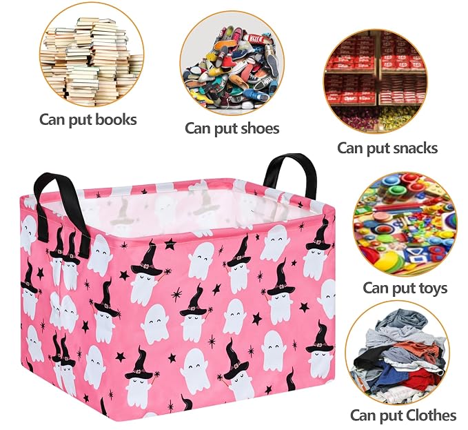 Halloween Ghost Storage Basket with Handles Pink Open Gifts&Candy Spooky Basket stuffers for Kids Baby Collapsible Women Organizer Bins Toys Boxes for Shelves Home Office