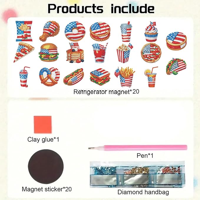 20pcs Independence Day Food 2D Diamond Painting Magnets Team Fridge Magnets | Fridge Magnets 20 Pieces Diamond Painting Kit 2D Acrylic PET Magnetic Food Series DIY Art Home Car Decor