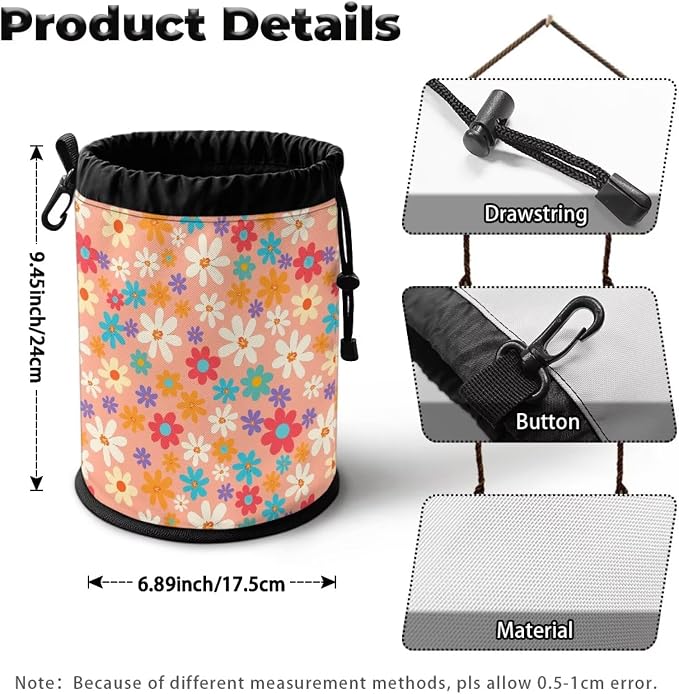Floral Clothespin Storage Pouch Drawstring, Laundry Peg Bag Organizer with Multi-Hang Button, Portable Clips Holder for Drying Rack, Camping, Travel & Dorm