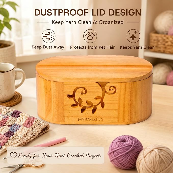 MYBAGZING Wooden Yarn Bowl with Lid, Large Acacia Crochet Yarn Holder with Phone Stand & Tool Tray, Yarn Storage Organizer for Knitting & Crocheting, Floral Design Gift for Crocheters