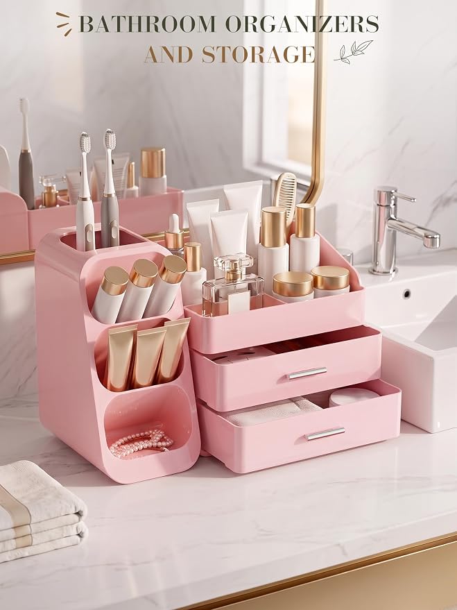 Pink Makeup Organizer with Drawer for Bathroom Countertop Dresser Desk | Large Capacity Make up Organizers for Vanity Counter, Easy To Storage Skincare, Perfume, Brushes, Psticks, Eyeshadow,Palettes