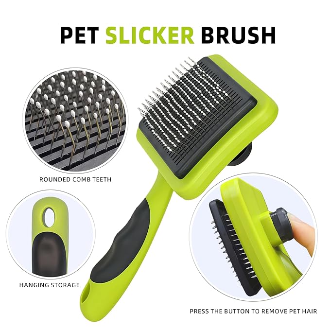 Green Self Cleaning Slicker Brush for Dogs&Cats Skin-Friendly Pet Brush for Shedding&Deshedding Pet Grooming Tool for Long&Short Haired Pets Gentle Remove Loose Hair Knots Tangles