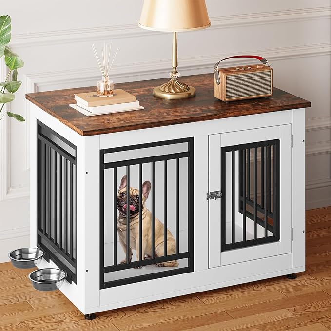 YITAHOME 35" Dog Crate Furniture, Wooden Side End Table with Adjustable Feet and Removable Bowls, Dog Kennel Indoor for Small Medium DogsV | Wooden Side End Table, Dog Kennel Indoor for Small Medium Dogs