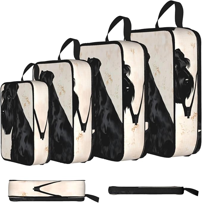 Black Schnauzer Portrait Compression Packing Cubes Set Of 4, Lightweight Expandable Travel Organizer Bags With Double Zipper For Vacation Business