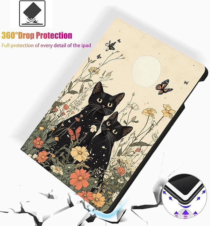 for Microsoft Surface Go 4/3/2/1-10.5" 2021 Tablet Case,Auto Wake/Sleep,Adjustable Stand Protective Cover - Black Cat Flower Moon