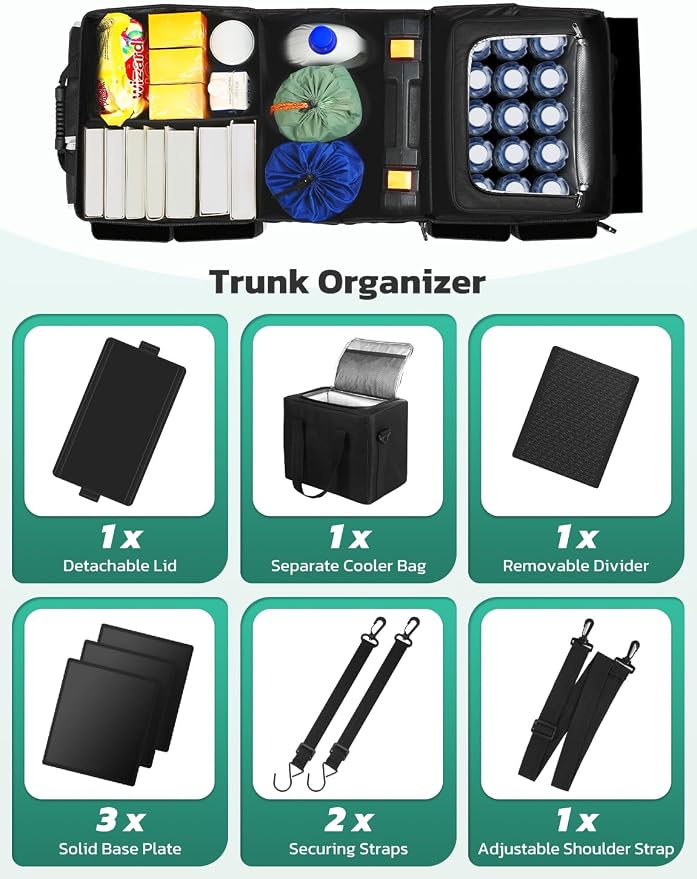 Oasser Trunk Organizer 95L with 20L Removable Cooler Bag for SUV | 4 Compartments, 9 Side Pockets, Foldable Lid, No Deformation, 1680D, Non Slip Bottom, 2 Adjustable Straps, Reflective Strip
