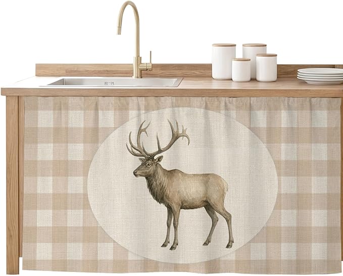 Majestic Buck Sink Skirt for Bathroom, Self-Adhesive Under Sink Curtain, Vintage Natural Buck Rustic Linen Plaid Hide Pipes & Storage Fabric Cabinet Skirt Cover for Kitchen Laundry 32"x55"
