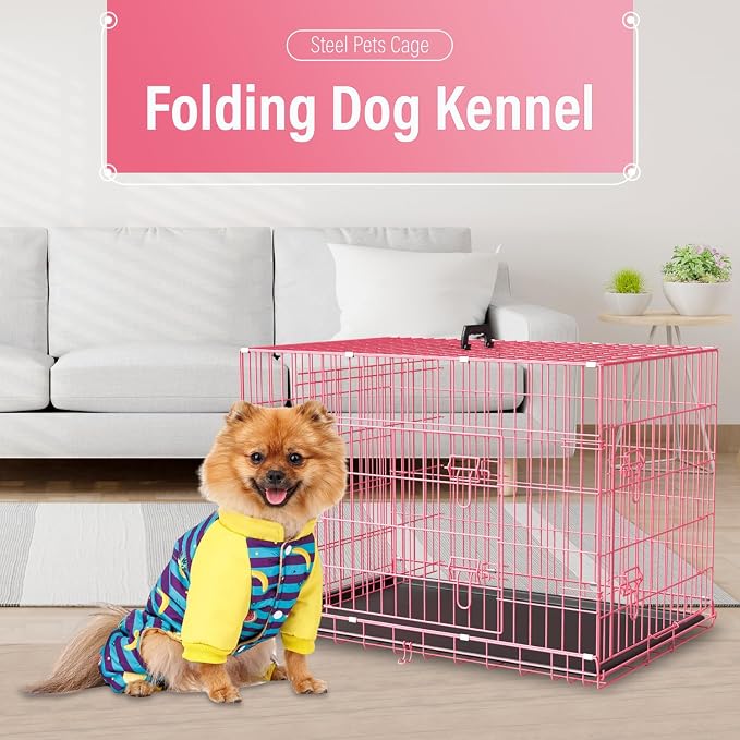 Dog Crate Dog Cage Dog Kennel Outdoor Metal Wire Double-Door Folding Pet Animal Pet Cage for Small Dog 24 inches with Plastic Tray and Handle,Pink