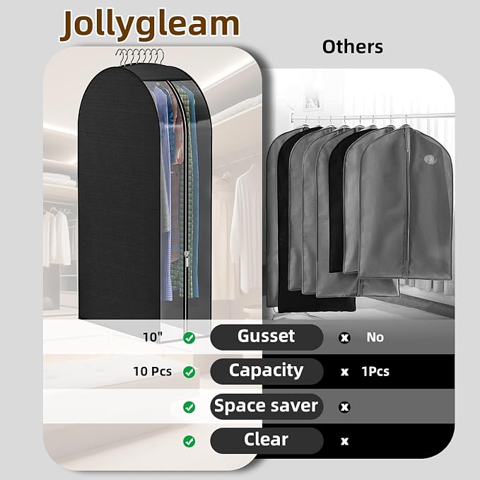 Black Garment Bags for Hanging Clothes, 4-Pack, 32" | Upgraded thickened clear garment bags with 10" gusset for closet storage of shirts, coats, dresses