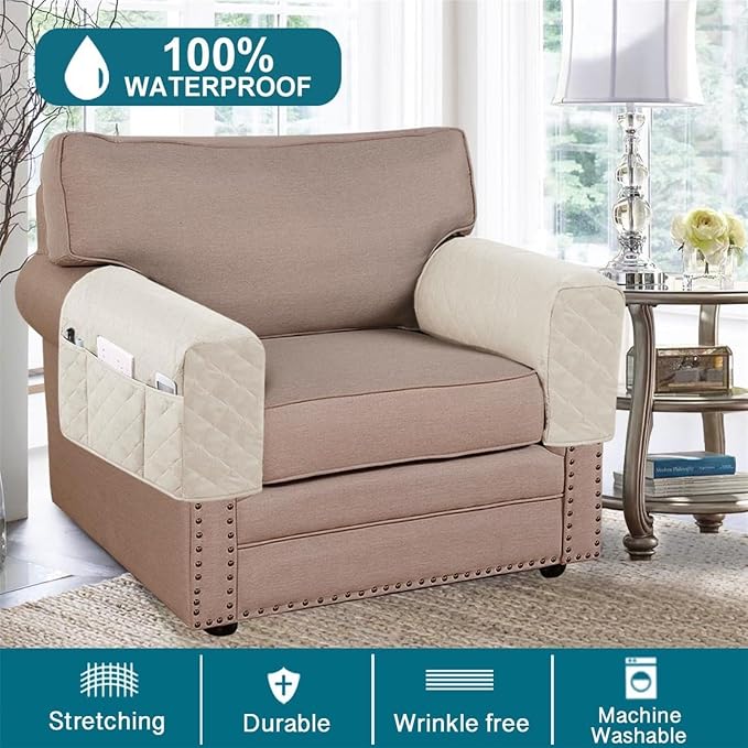 2 Pcs Waterproof Couch Arm Covers Dirty-Resistant Anti-Scratch Arm Rest Covers for Sofa with Side Pocket Anti-Slip Arm Chair Covers, Armrest Organizer(White)