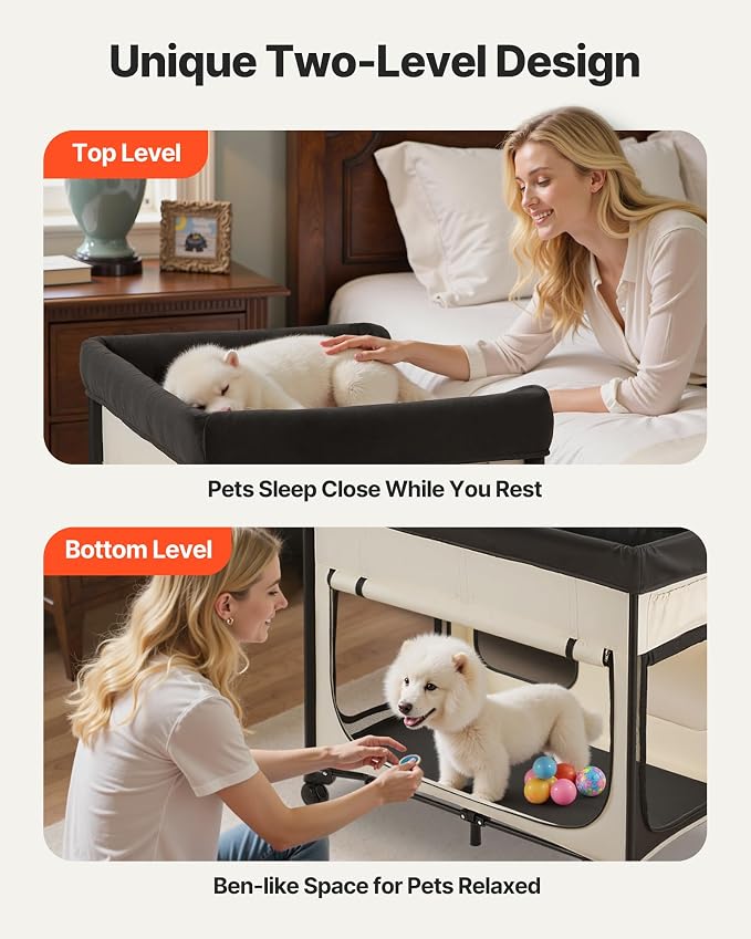 VEVOR Bedside Lounge Pet Bed, Foldable Bunk Dog Bed with 600D Oxford Cloth and Dutch Velvet, Portable Raised Cot with Wheels, Side Storage Bags, and Carry Bag for Cats & Dogs, XL, Beige