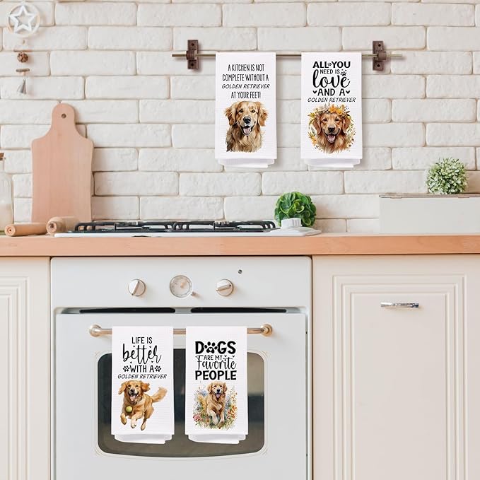 SPBL&L Golden Retriever Dog Kitchen Towels Set of 4, Golden Retriever Gifts for Women,Golden Retriever Decor Dish Towels for Kitchen, Golden Retriever Decorative Hand Towels for Bathroom, 16x24 Inches