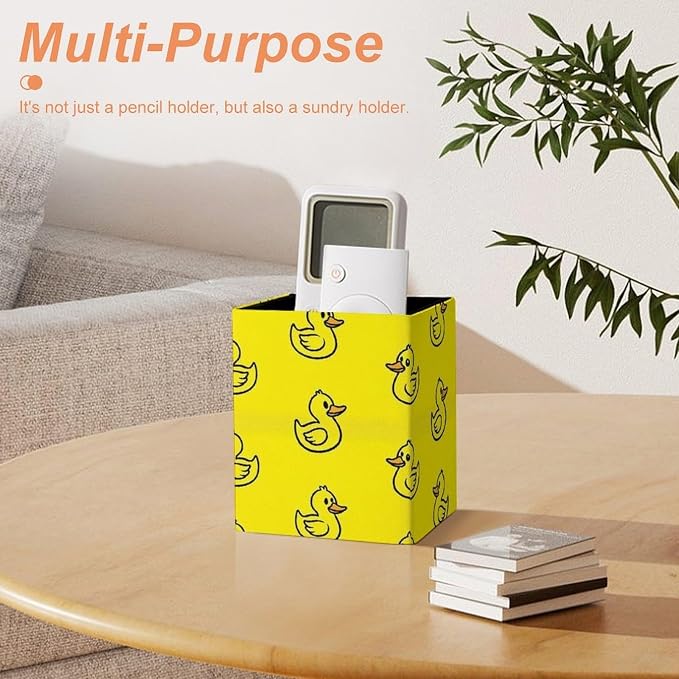 Pen Pencil Holder, Cute Funny Yellow Rubber Duck Pen Container Box Stationery Organizer Case Pu Leather Makeup Brush Holder Office Supplies for Desktop