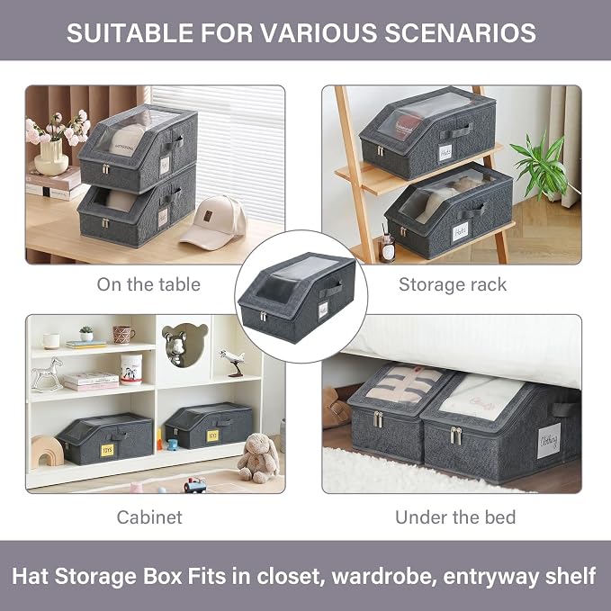 Furlide Hat Organizer for Baseball Caps, 2 Pack Stackable Storage Boxes | Protects 24-30 Caps From Dust and Pet Hair; Stackable Base, Clear Window, Front Opening and Handles Simplify Closet Storage.