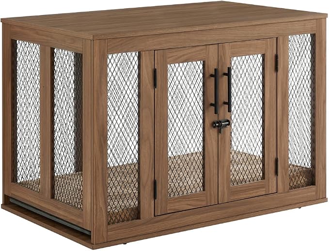 unipaws 37 Inch Furniture Style Dog Crate with Cushion and Tray | Mesh Dog Kennels with Double Doors, End Table Dog House, Medium Crate Indoor Use