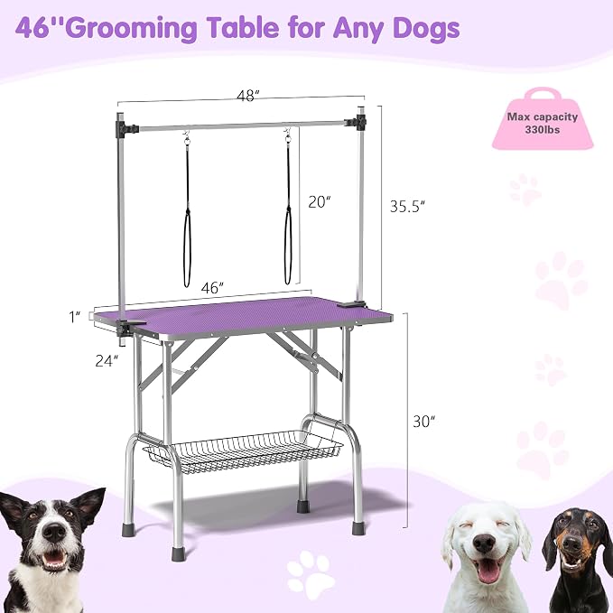 46'' Stainless Steel Pet Dog Grooming Table, Arm/Noose/Tray, Purple | Foldable Dog Grooming Table for Dogs at Home, Adjustable Height Arm, Non-Slip Waterproof Tabletop, Capacity 330Lb