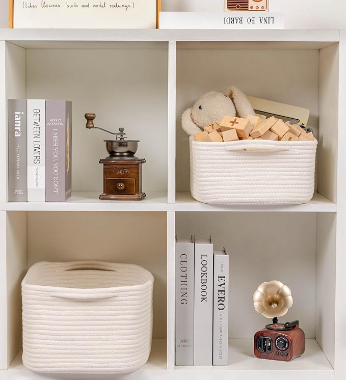 CubesLand Woven Rope Storage Basket for Laundry, Toys Organizing, Nursery | Organizer Basket for Book Clothes Shoes Bedroom Home & Living Room Decor, with Durable Handle, Rectangular 14x10x7.08IN White