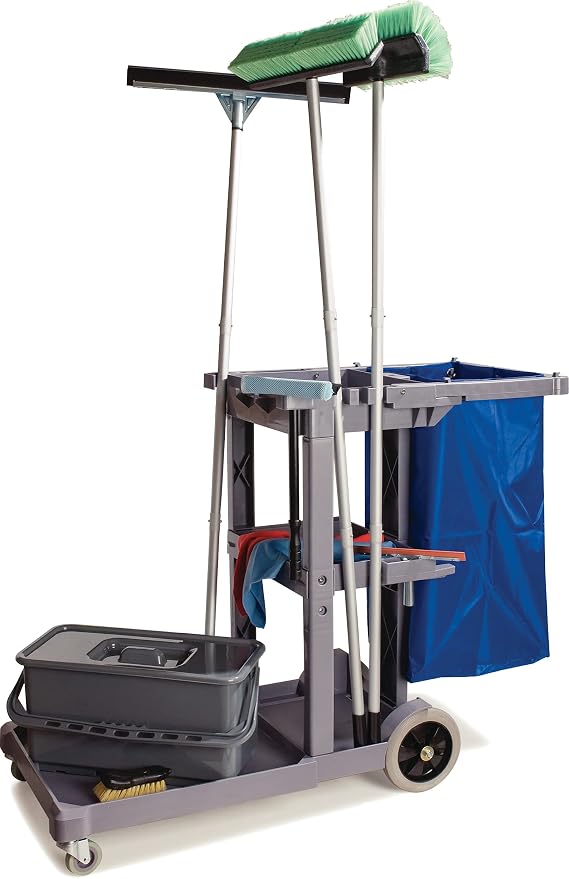 Carlisle FoodService Products Janitorial Cart with 25 Gal Bag, Gray | Short Platform, 3 Shelves, Polyethylene, Broom Holders and Hooks, Non-Marking Wheels, Mop Bucket Platform