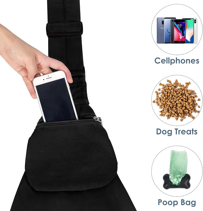 Lukovee Pet Sling, Puppy Small Pet Cat Carrier with Safety Hook | Hands-Free,Padded Strap, Breathable, Adjustable, Storage Pocket, Tote Bag Shoulder Bag with Front Pocket (Black, L)