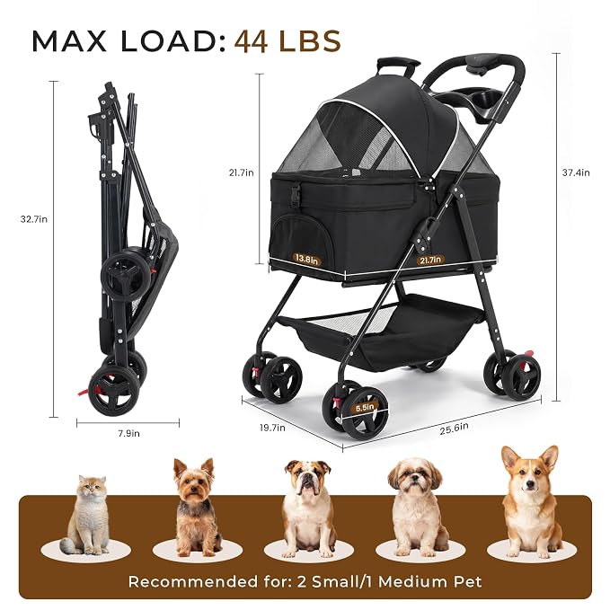 4-Wheel Pet Stroller for Small Medium Dogs Cats, One-Click Foldable | Portable Dog Stroller, Detachable Carrier, Cup Holder & Storage Basket, Safety Tether, Breathable Mesh, Up to 44lbs, Black