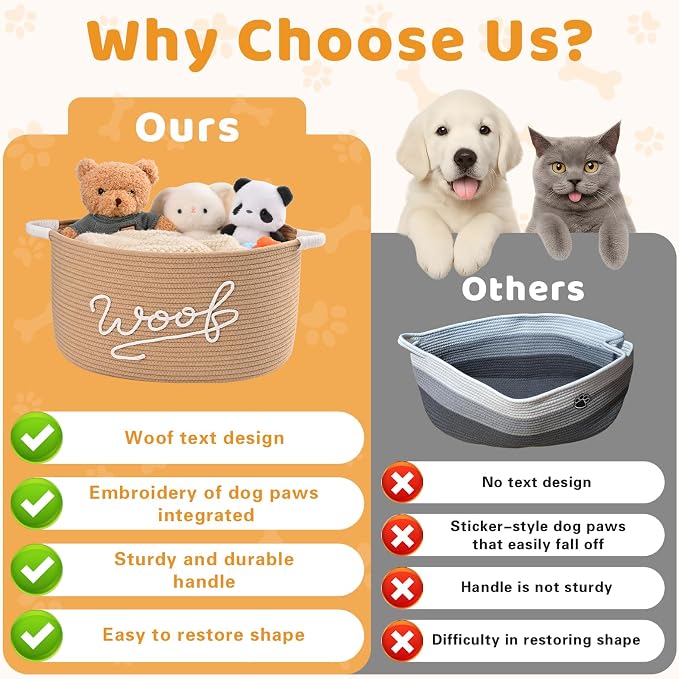 Woof Dog Toy Basket, Large Dog Toy Storage Bin with Durable Handles, Woven Dog Basket for Blankets, Toys, Chews, Pet Toy Storage Box for Nursery, Living Room, Bedroom, 17”x12”x9, Beige