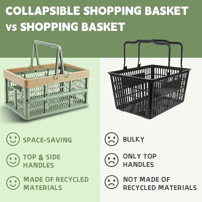VALESKA 17inch Plastic Milk Crate,33L Collapsible Crate for Shopping and Storage, Foldable Shopping Basket with Handles,Car Trunk Basket,for Kitchen(Green)