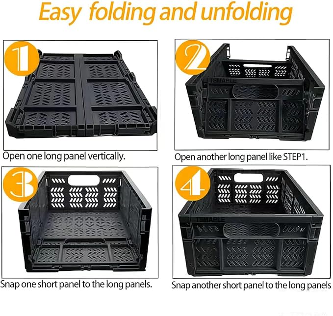 4-Pack 20L Foldable Storage Crates, Heavy Duty Plastic Milk Crates for Storage, Multi-Purpose Collapsible Basket with Handle Suitable for home, office storage, Halloween, Christmas party, Black