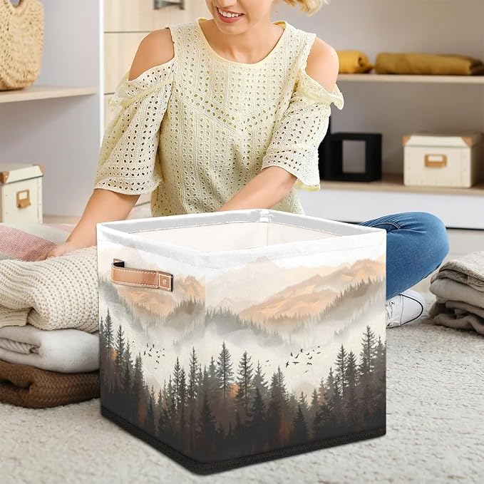 Forest with Mountain Cube Storage Bin, 13 Inch Collapsible Fabric Storage Cubes Bin, Foldable Cube Baskets for Shelf, Closet, Organizer