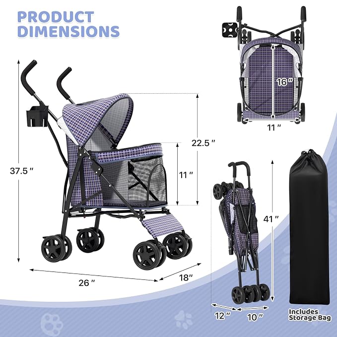 Magshion Compact Fold Pet Travel Stroller for Small Dogs Cats, Plaid | Up to 22lbs, 4-Wheel Lightweight Umbrella Shaped Design, Safety Tethers, Breathable Mesh, Cup Holder & Rear Storage