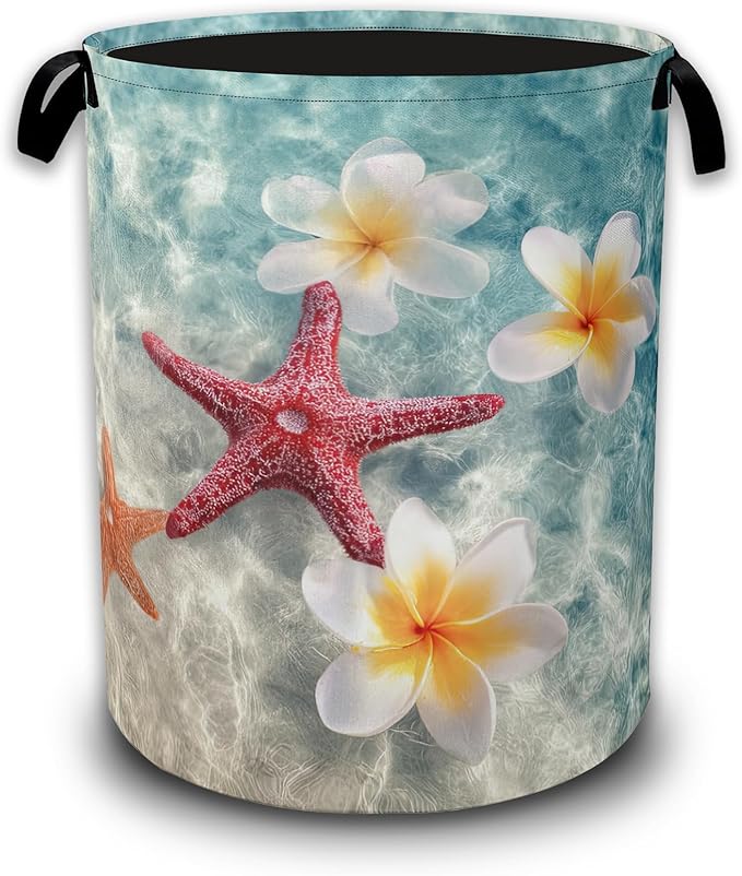 Coastal Starfish Laundry Hamper,Plumeria Flowers Laundry Baskets,Waterproof Oxford Cloth Toy Storage for Bedroom,Bathroom,Nursery,16x20.8 Inch