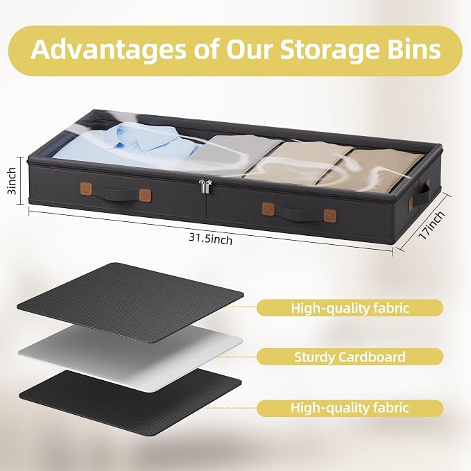 FHSQX Under Bed Storage Container 2Pack 3 Inches Low Profile Under-bed Organizer Bins Slim Under Couch Storage Box Ideal For Seasonal Clothes Blankets Towel Fabric (2, Black, 31.5 * 17 * 3in)
