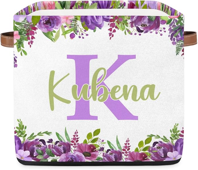 Personalized Name-Initial Purple Flower Storage Baskets for Girls Women, Custom Portable Square Storage Bins with Handles Foldable Organizer for Clothes, Toys, Blanket, Towel,Pet 13”
