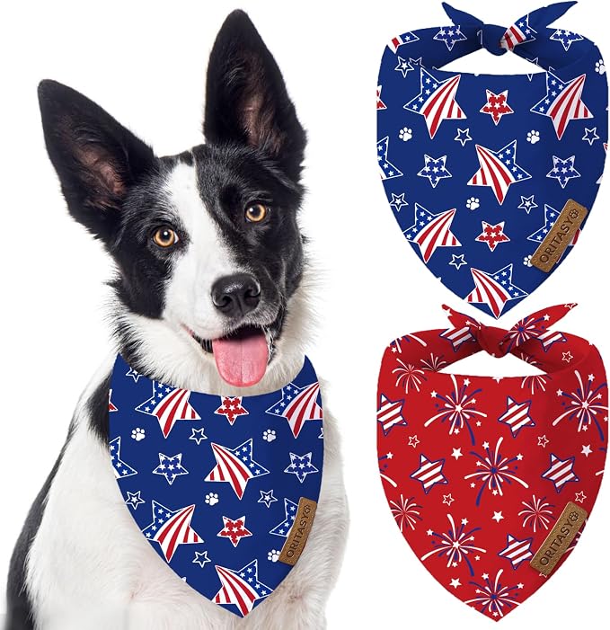 US Flag Dog Bandanas, 2-Pack Triangle Reversible Pet Scarves, Premium Fabric, 4th of July Bandana for All Boys Girls Dogs (Large, 26-Style 1)
