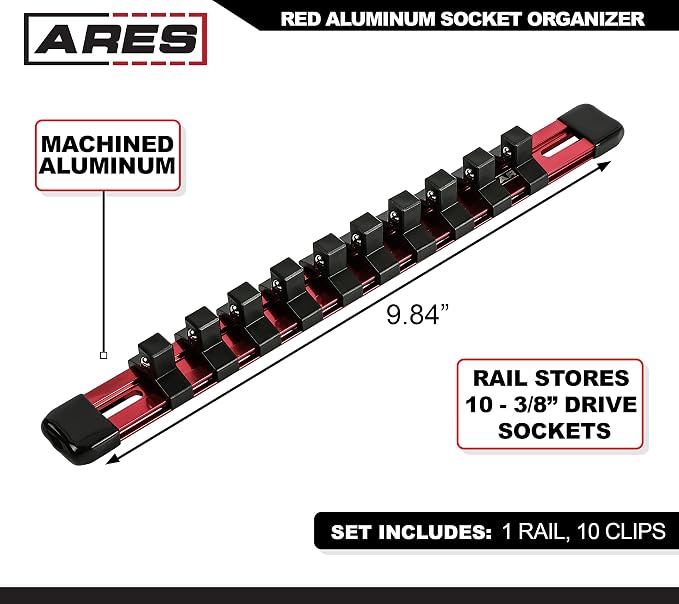 ARES 70135 3/8-In Red Socket Rail 9.84-In | Part No. 70135; Store up to 10 Sockets and Keep Your Tool Box Organized