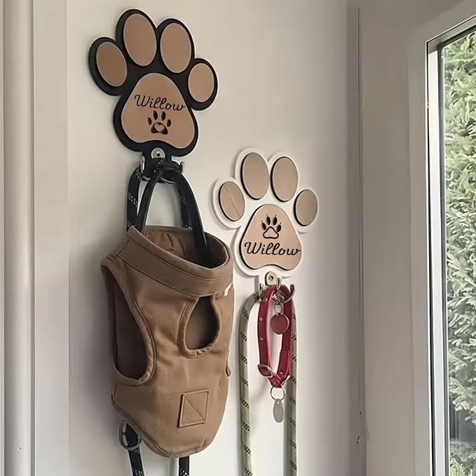 Wooden Dog Leash Holder, Dog Collar Hook and Leash Storage, Personalized Dog Paw Hook, Custom Pet Name Sign Gift, 16 * 16cm(White)