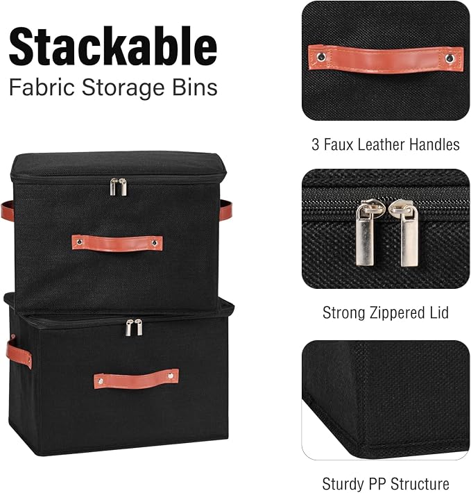 Storage Bin Box with Zippered Lid Decorative Collapsible Basket | Cotton Linen Fabric, Washable Foldable Stackable Clothes Container, Closet Shelf Organizer w/ PU Leather Handles, Black-Large