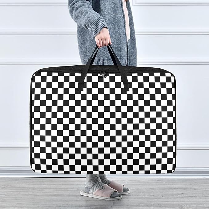 Comforter Storage Bags Large Folding Blanket Organizer Bag with Strong Handles Clear Window Closet Storage Containers for Clothes King Queen Pillows Bedding Quilt Duvet Checkered Black and Whit