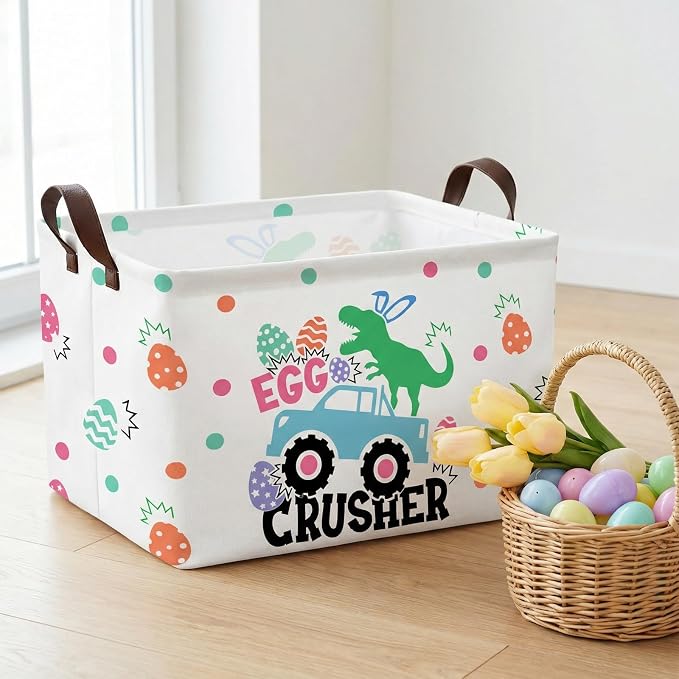 Kid Rectangular Empty Easter Basket for Girl Boy Bunny Eggs Easter Basket Gift Baby Room Decor Storage Organizer (Monster Truck Dinosaur)
