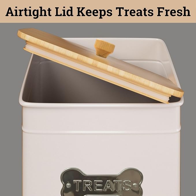 Dog Treat Container Airtight, 6"W x 8"H, Powder Coated, 12 Cup Capacity | Fits All Popular Treats, 12 Cup Capacity, Airtight Bamboo Lid, Easy Open Lid, Dent-Resistant Durable Metal