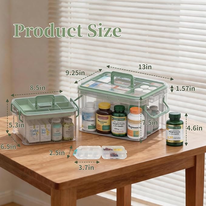 2-Pack Clear Medicine Storage Box Set with Pill Organizer | Portable Stackable with Built-in Handle, Clear View, Divided Tray, Plastic Medicine Cabinet Organizer for Home, Dorm, Travel